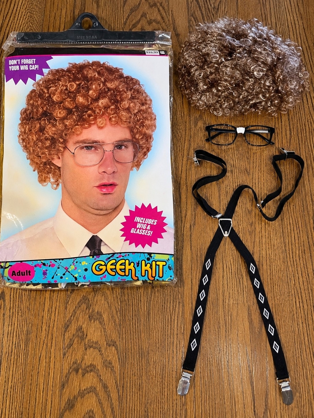 Adult Geek Nerd Costume Kit Curly Wig Glasses + Bonus Suspenders Halloween